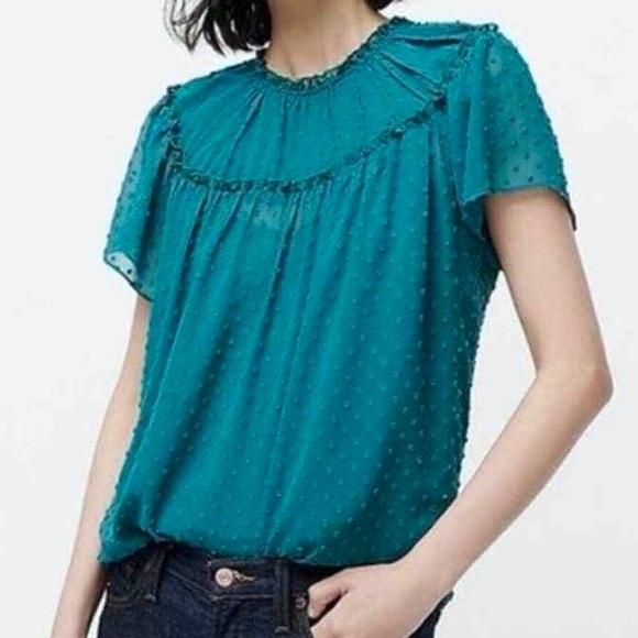 J.CREW Sheer Teal Green Swiss Dot Gathered Bib Flutter Sleeve Top - Picture 1 of 13